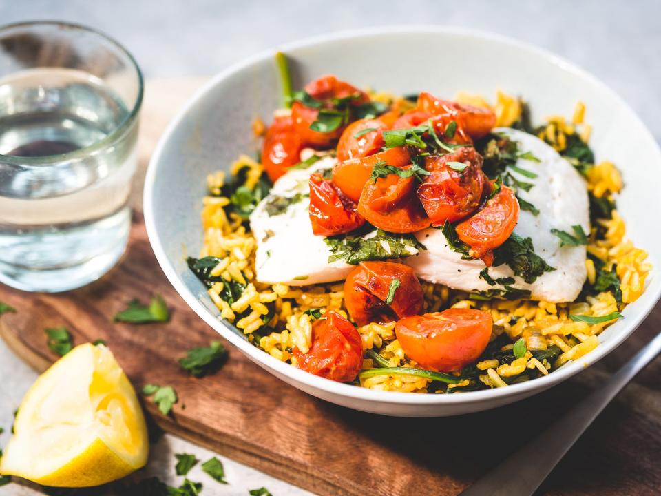 Dishes are healthy and easy to cook, like this cod and lemon risotto with roasted tomatoes Mindful Chef