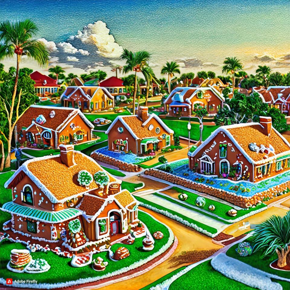 This Floridian gingerbread home subdivision is an AI rendering from Adobe Firefly, inspired by Adobe's 'State Sweets' AI gingerbread house images. Adobe Firefly only uses images that are copyright-free, content with an expired copyright or images from Adobe stock images.