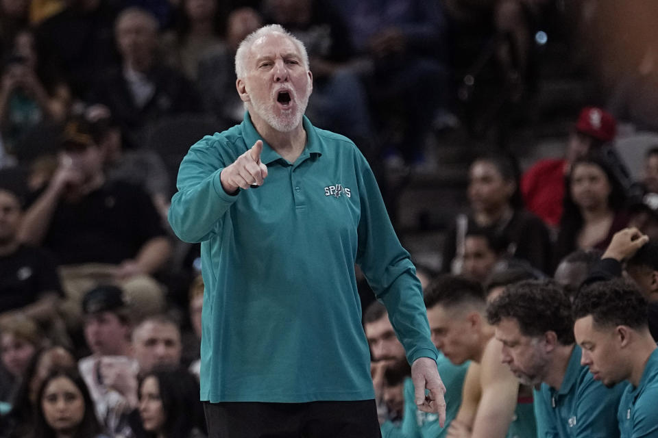 San Antonio Spurs head coach Gregg Popovich reacts to a play during the first half of an NBA basketball game against the Utah Jazz in San Antonio, Wednesday, March 29, 2023. (AP Photo/Eric Gay)