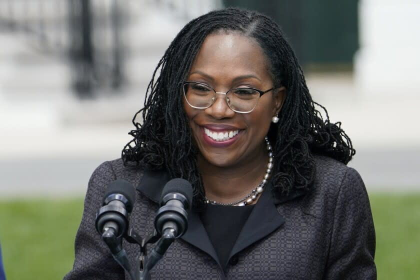 FILE - Ketanji Brown Jackson speaks during an event on the South Lawn of the White House in Washington, April 8, 2022, celebrating the confirmation of Jackson as the first Black woman to reach the Supreme Court. The Supreme Court has taken a step that will allow new Justice Ketanji Brown Jackson, the first Black woman on the court, to take part in a case that could lead to the end of the use of race in college admissions.(AP Photo/Andrew Harnik)