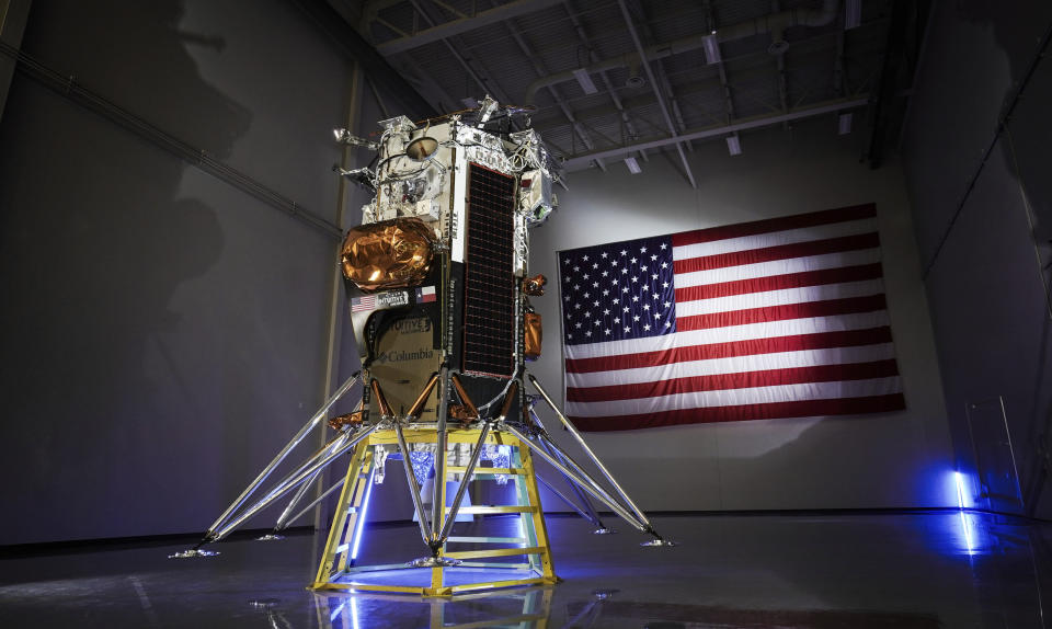 FILE - This photo provided by Intuitive Machines shows the company's IM-1 Nova-C lunar lander in Houston in October 2023. Intuitive Machines reported Friday, Feb. 23, 2024, that it’s communicating with its lander, Odysseus, and sending commands to acquire science data. But it noted: “We continue to learn more about the vehicle’s specific information” regarding location, overall health and positioning. (Intuitive Machines via AP, File)