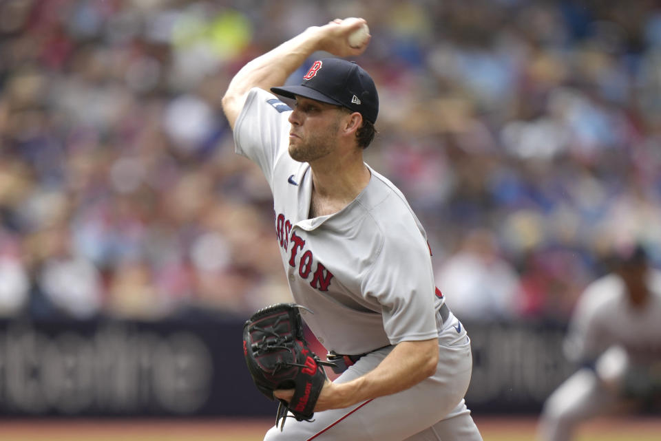 Boston Red Sox pitcher Kutter Crawford (50) throws during the first inning of a baseball game against the Toronto Blue Jays in Toronto, Saturday, July 1, 2023. (Frank Gunn/The Canadian Press via AP)