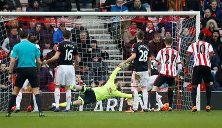 Football Soccer - Sunderland v Manchester United - Barclays Premier League - Stadium of Light - 13/2/16 Wahbi Khazri (not pictured) scores the first goal for Sunderland as Manchester United's David de Gea attempts save Reuters / Phil Noble Livepic