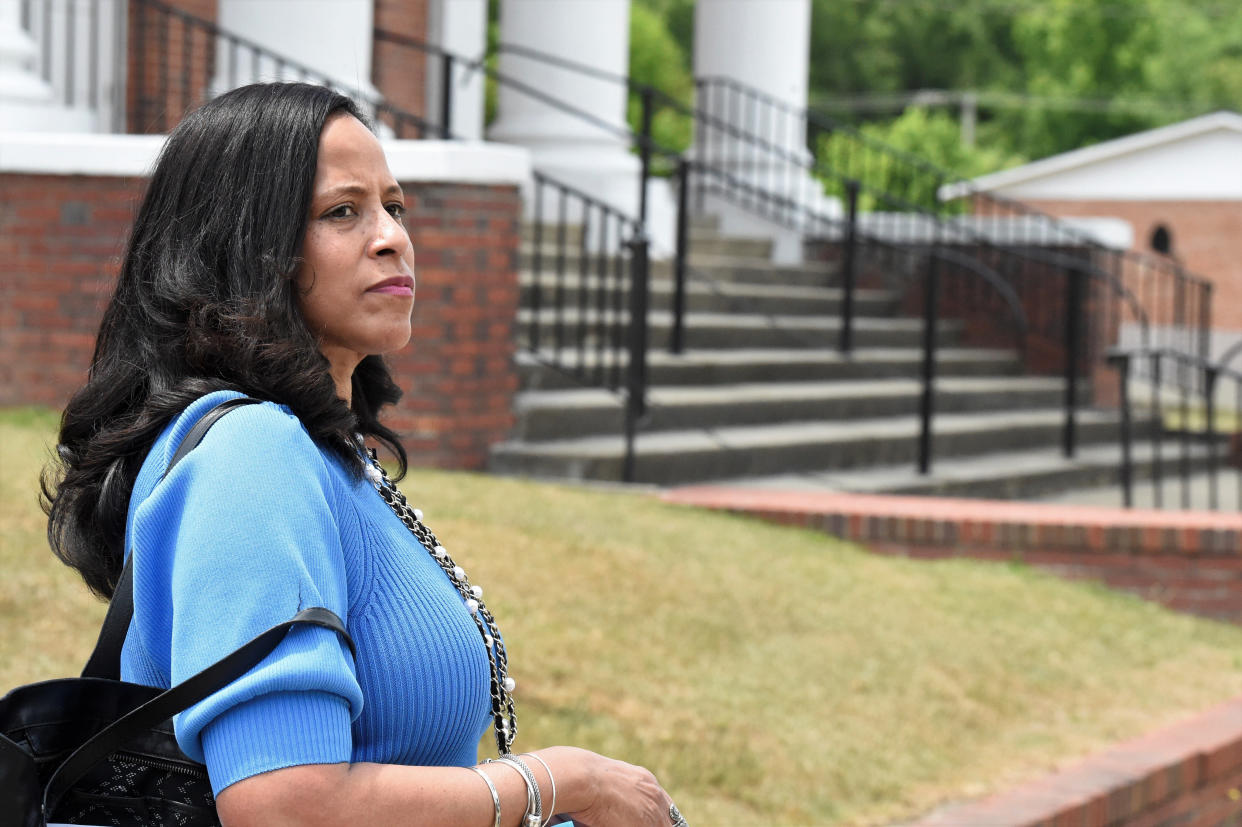 State Sen. Mia McLeod stands outside Shiloh Baptist, her family's church, on Tuesday, June 1, 2021, in Bennettsville, S.C. In her challenge of Gov. Henry McMaster, the Columbia Democrat is the first Black woman to seek South Carolina's top job. (AP Photo/Meg Kinnard)