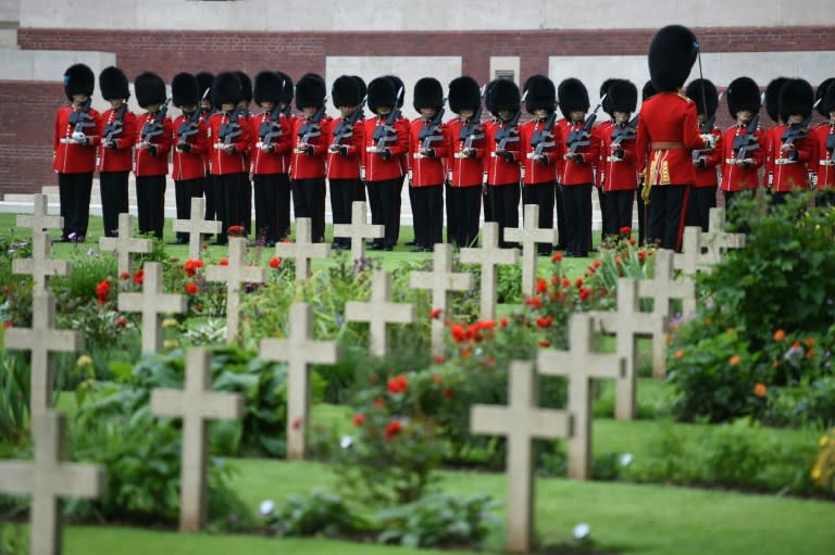 British soldiers stand guard as they take part in a ceremony to commemorate the centenary annivery of the Battle of the Somme, at the Thiepval Memorial in northern France, on July 1, 2016