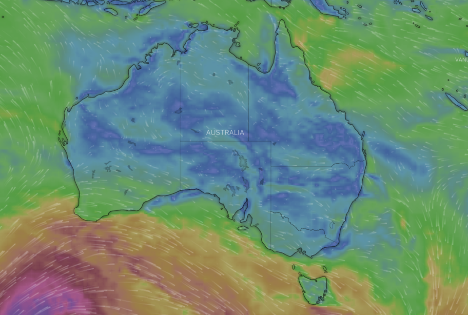 A cold front will move from Western Australia, across most of the country, concentrated in the south. Source: Windy.com