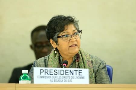 Council-mandated Commission on Human Rights in South Sudan Yasmin Sooka addresses the Human Rights Council 26th Special Session on the human rights situation in South Sudan, Geneva, Switzerland, December 14, 2016. REUTERS/Pierre Albouy