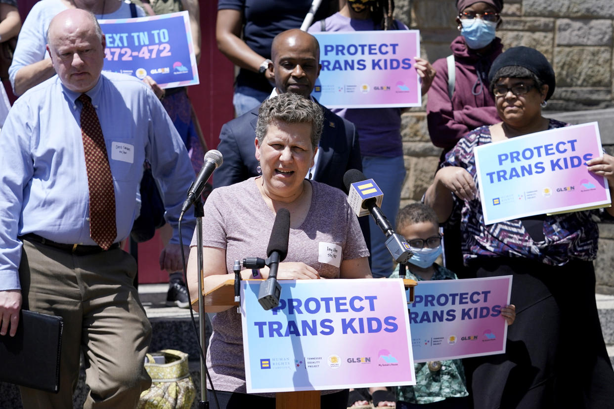 Amy A., the mother of an 8th grade transgender son, speaks after a Human Rights Campaign round table discussion on anti-transgender laws on May 21, 2021, in Nashville, Tenn. (Mark Humphrey / AP file)