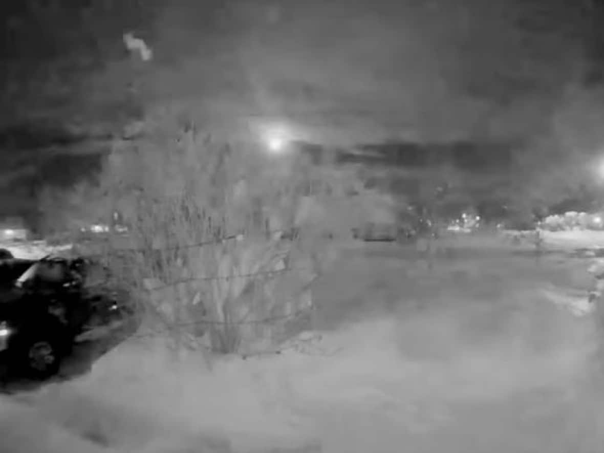 A bright meteor captured by the doorbell camera of Fort Nelson resident Arlene Chmelyk at about 8 p.m. MT on Sunday. (Submitted by Arlene Chmelyk - image credit)