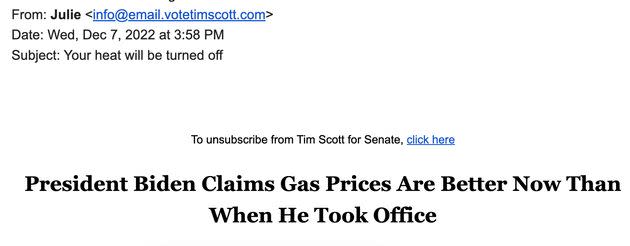 A screenshot of an email from Sen. Tim Scott's campaign.