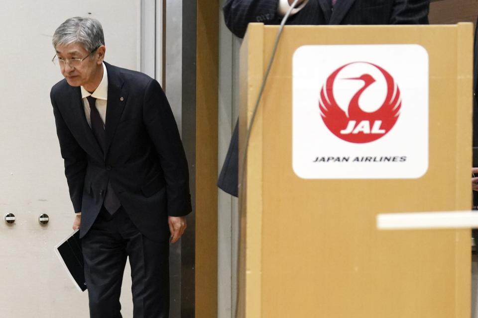 Yuji Akasaka, President and CEO of Japan Airlines bows to attend a regular press conference in Tokyo, Wednesday, Jan. 17, 2024. Japan Airlines has named Mitsuko Tottori as its first woman president following a collision between one of its planes and a coast guard aircraft during Japanese New Year holidays that left five dead. Tottori will replace JAL president and CEO Yuji Akasaka, who will take over as chairman. (AP Photo/Eugene Hoshiko)