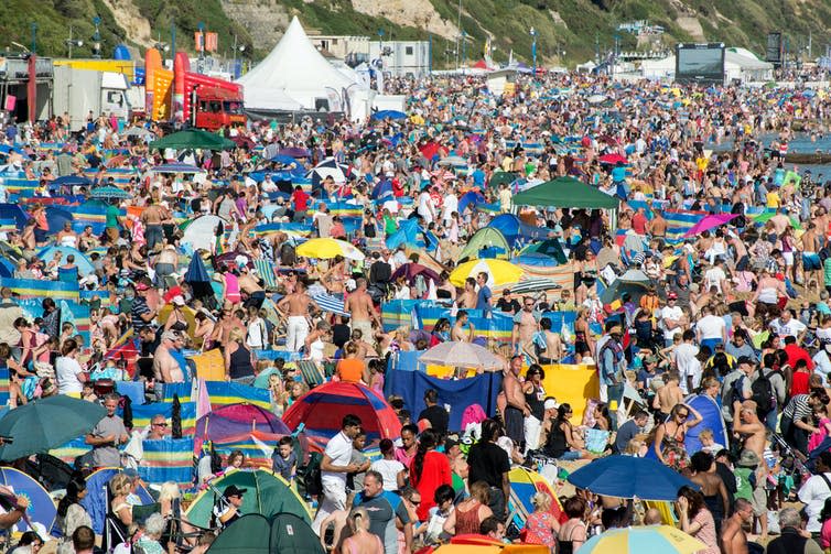 A crowded beach scene.