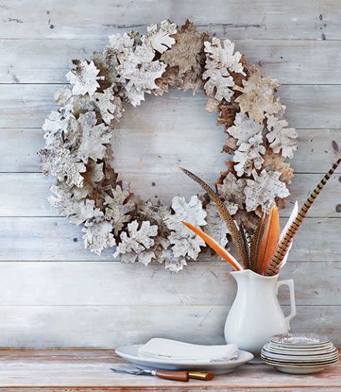 <p>A plain foam wreath is disguised with birch bark leaves — 75, to be exact. The result is a neighborhood showstopper. </p>