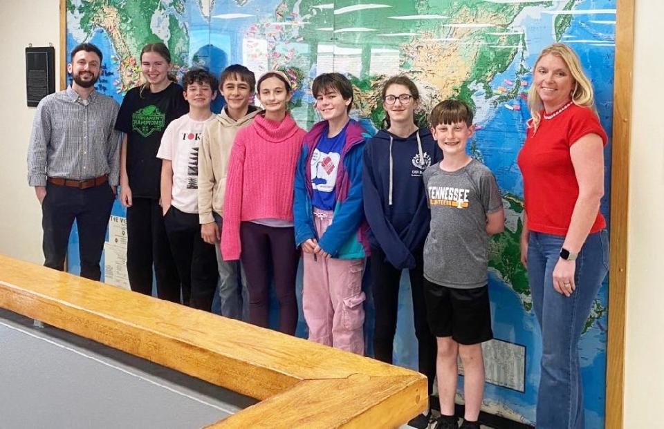 Participants in the 2024 Oak Ridge middle school exchange with Naka shi, Japan are from left, Matthew Box, Jefferson Middle School (JMS) chaperone; Coco Plothow, (JMS); Jaxon Conner (JMS); Eliam Rene', Robertsville Middle School (RMS);Ella Toney (RMS); Julie Tifft (RMS); Anna Pickel (JMS);James Crawford (JMS); and Elizabeth Horton, RMS chaperone.