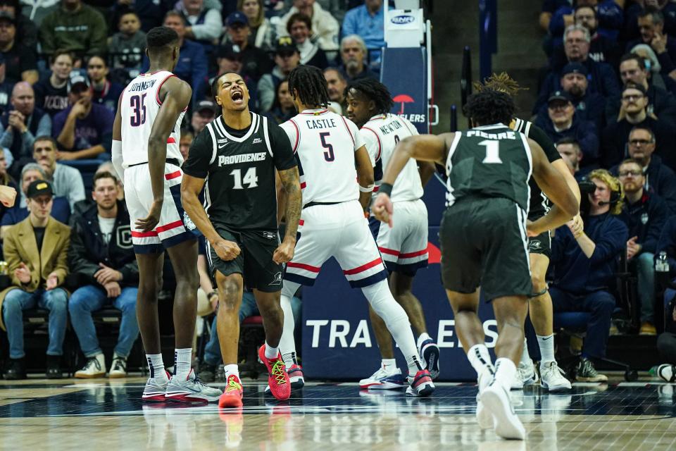 Jan 31, 2024; Storrs, Connecticut, USA; Providence Friars guard Corey Floyd Jr. (14) reacts after a play against the UConn Huskies in the first half at Harry A. Gampel Pavilion. Mandatory Credit: David Butler II-USA TODAY Sports