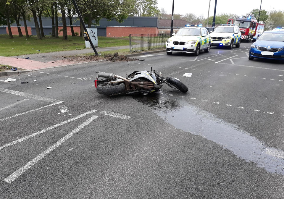 Undated handout photo issued by Northumbria Police of the scene after the crash that killed Joshua Molloy. Mihai Dinisoae was jailed at Newcastle Crown Court for 10 years for the manslaughter of pillion passenger Molloy after he knocked two bike thieves off his motorbike when they stole it from outside his house, killing one of them.