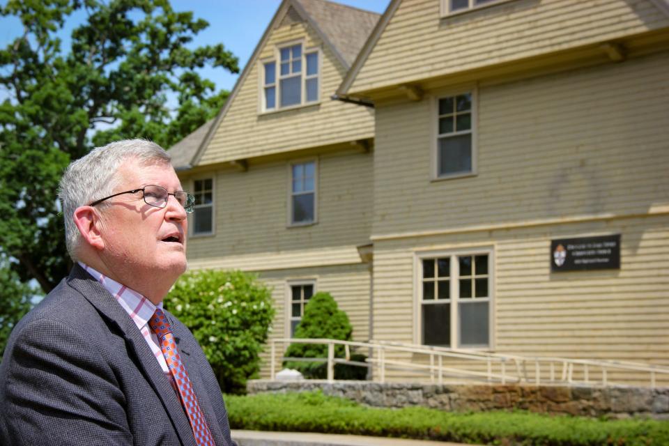 Robert Hoatson of Road to Recovery stands outside the Diocese of Fall River's headquarters on Highland Avenue on June 26, 2024, to talk about allegations of sexual abuse against the Rev. Jay Mello.