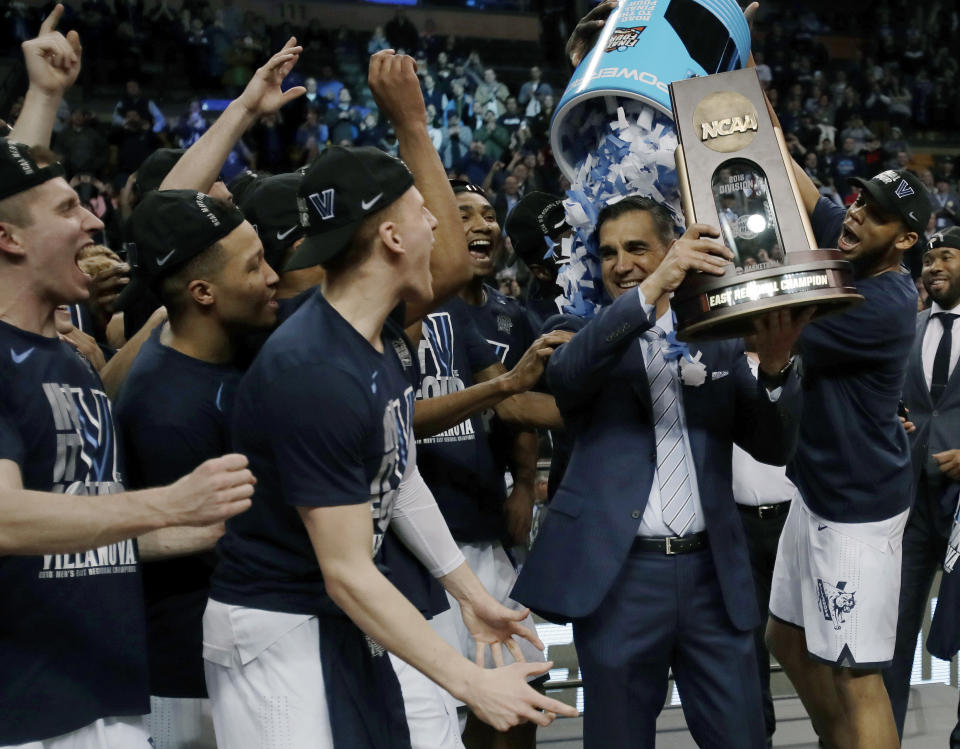 Villanova boasts three of the top six players in the rankings including Omari Spellman, seen here dumping confetti on Jay Wright’s head. (AP Photo/Charles Krupa)