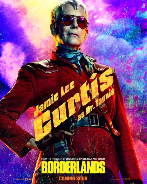 Jamie Lee Curtis poses on a poster for Borderlands.