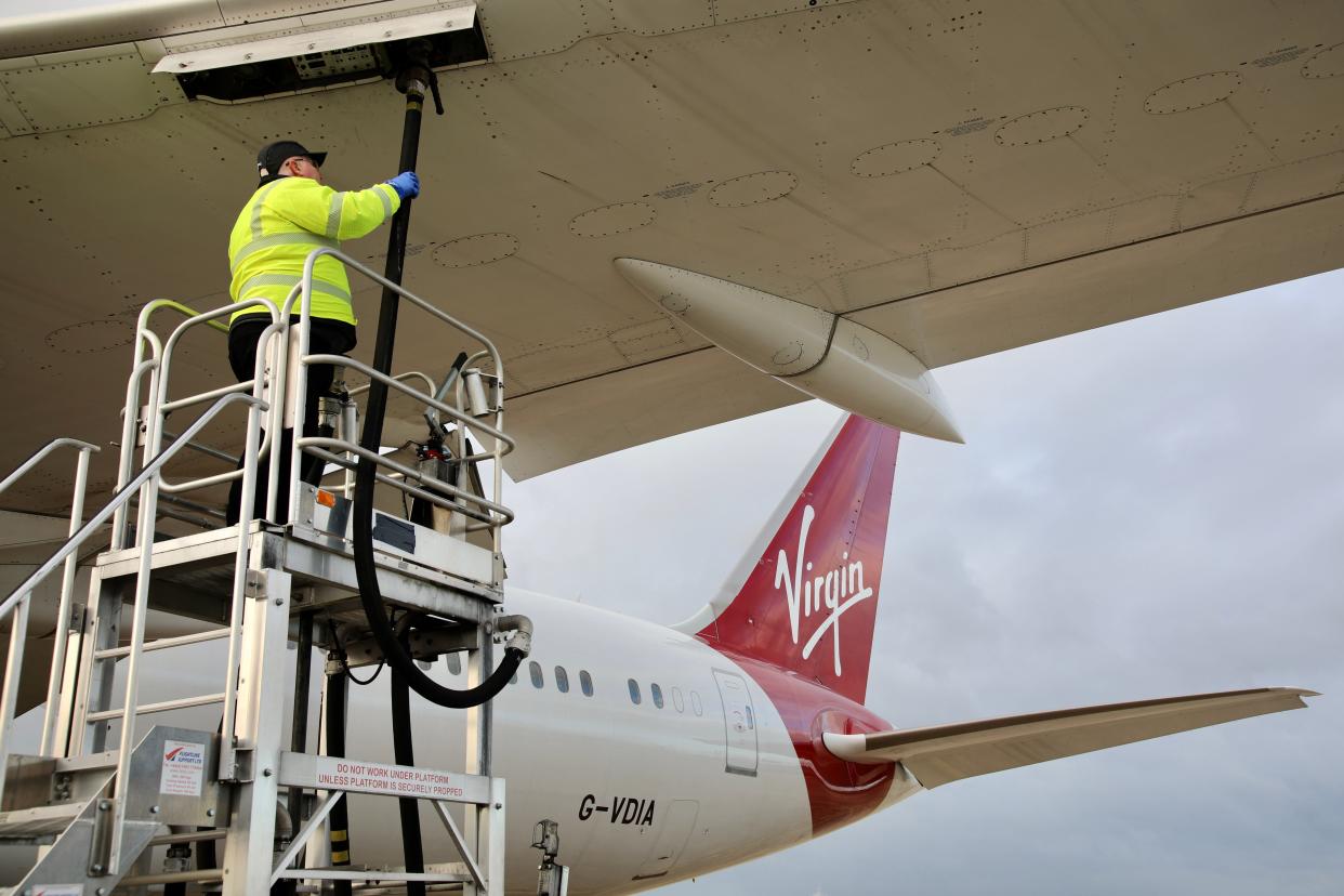 Flight100, Virgin Atlantic’s world first 100% Sustainable Aviation Fuel (SAF) transatlantic flight by a commercial airline is fuelled ahead of its take off from London Heathrow to New York JFK on Tuesday 28 November 2023.