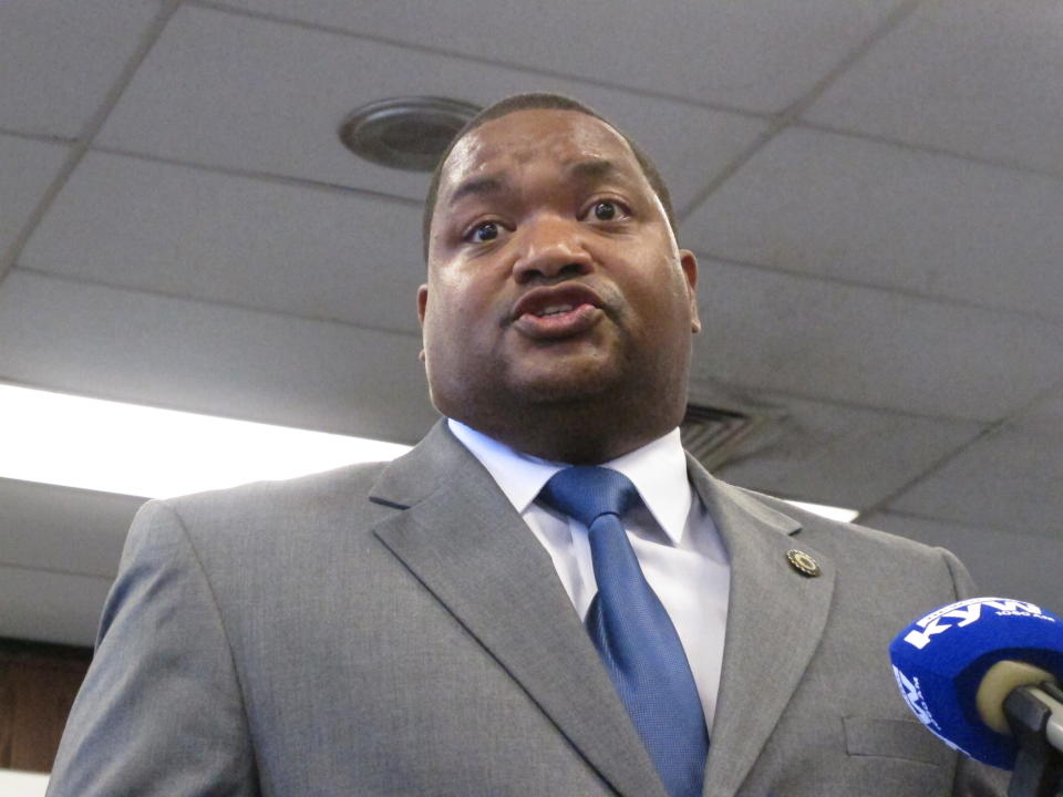 Marty Small speaks at a swearing-in ceremony in Atlantic City, N.J. on Friday Oct. 4, 2019 after becoming the gambling resort's acting mayor. His predecessor, Frank Gilliam Jr., resigned a day earlier after pleading guilty to stealing $87,000 from a youth basketball team. (AP Photo/Wayne Parry)