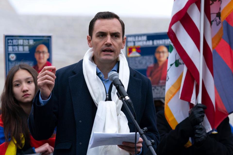 Rep. Mike Gallagher, R-Wis., speaks during a rally to commemorate the failed 1959 Tibetan uprising against China's rule, outside of the Chinese Embassy in Washington, Friday, March 10, 2023. The gathering took place on what is known as Tibetan National Uprising Day and comes as tensions between the U.S. and China continue to escalate.