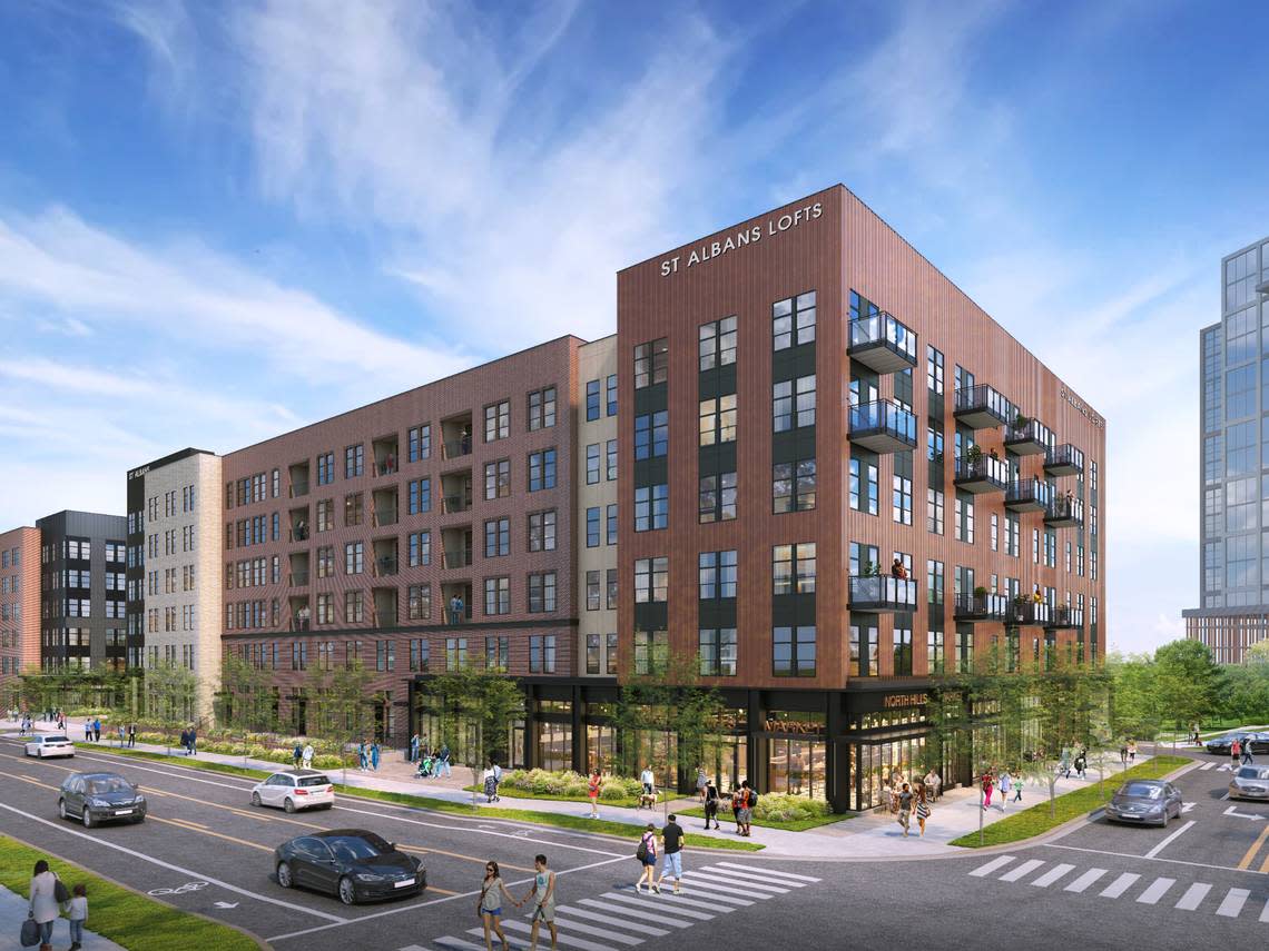 A rendering of St. Albans Lofts, a 6-story residential building on the corner of St. Albans Drive and the Hardimont extension, in North Hills’ Innovation District.