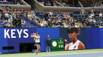 Madison Keys warms up prior to her match against Elina Svitolina, of Ukraine, during round four of the US Open tennis championships Sunday, Sept. 1, 2019, in New York. (AP Photo/Eduardo Munoz Alvarez)