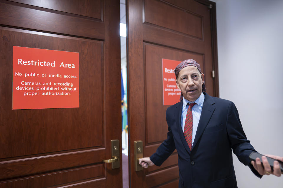 Rep. Jamie Raskin, D-Md., the top Democrat on the House Oversight and Accountability Committee, arrives at a secure room to view FBI documents about the family of President Joe Biden that were demanded by Chairman James Comer, R-Ky., at the Capitol in Washington, Monday, June 5, 2023. (AP Photo/J. Scott Applewhite)