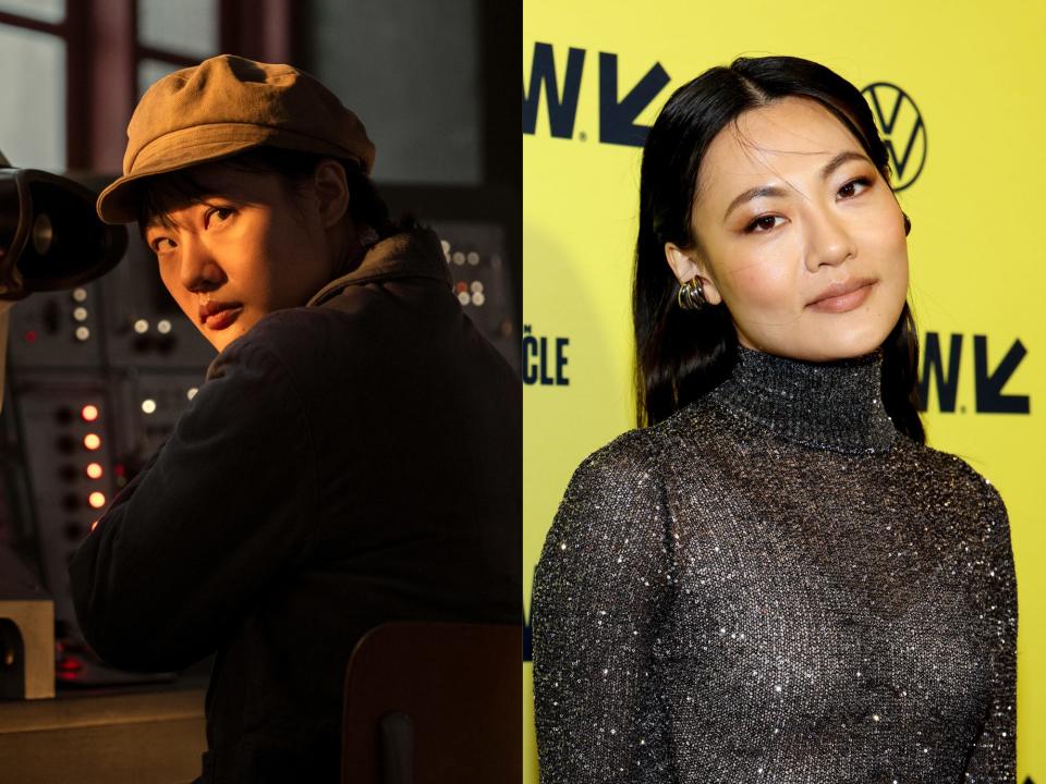 left: young ye wenjie in 3 body problem, wearing a brown hat and sitting in front of a radio control center, bathed in sunlight; right: zine tseng in a sheer silver dress at south by southwest, he hair worn long