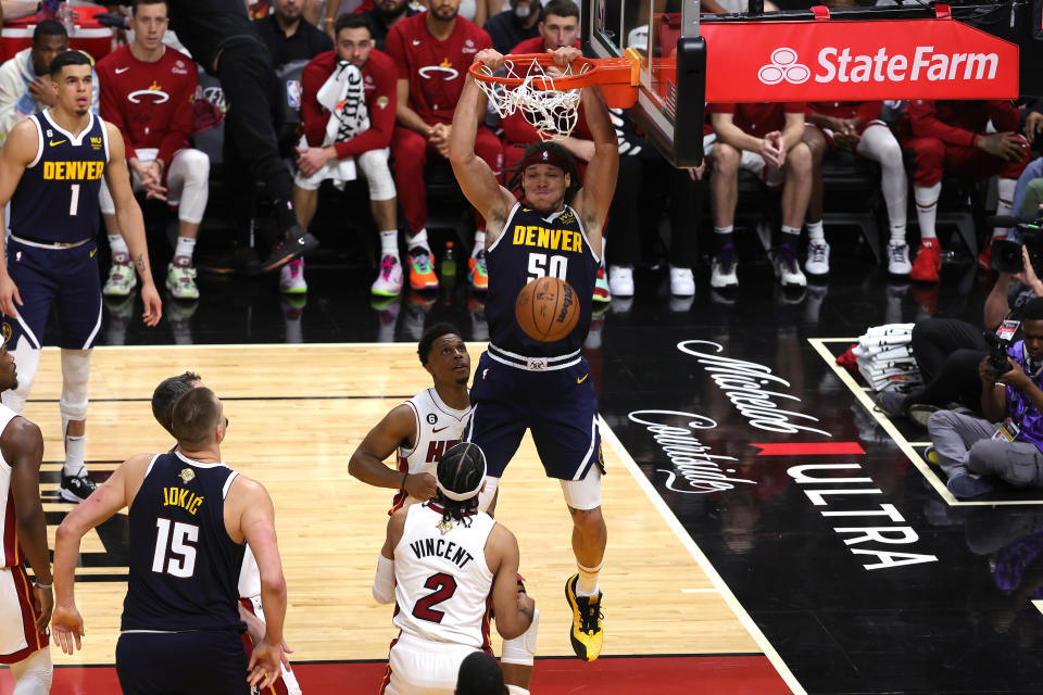 MIAMI, FLORIDA - JUNE 09: Aaron Gordon #50 of the Denver Nuggets dunks during the third quarter against the Miami Heat in Game Four of the 2023 NBA Finals at Kaseya Center on June 09, 2023 in Miami, Florida. NOTE TO USER: User expressly acknowledges and agrees that, by downloading and or using this photograph, User is consenting to the terms and conditions of the Getty Images License Agreement. (Photo by Megan Briggs/Getty Images)