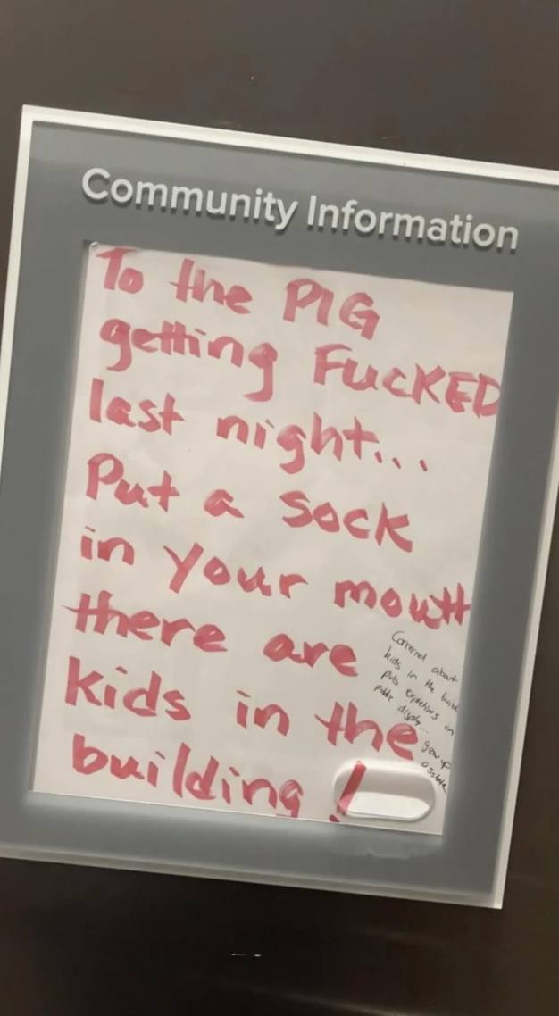 note telling people having sex to be quiet using vulgar language