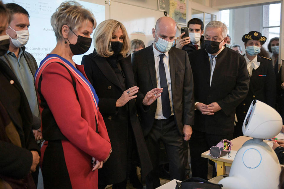 Brigitte Macron at Jules Ferry School in Ormesson-sur-Marne in France. - Credit: AP