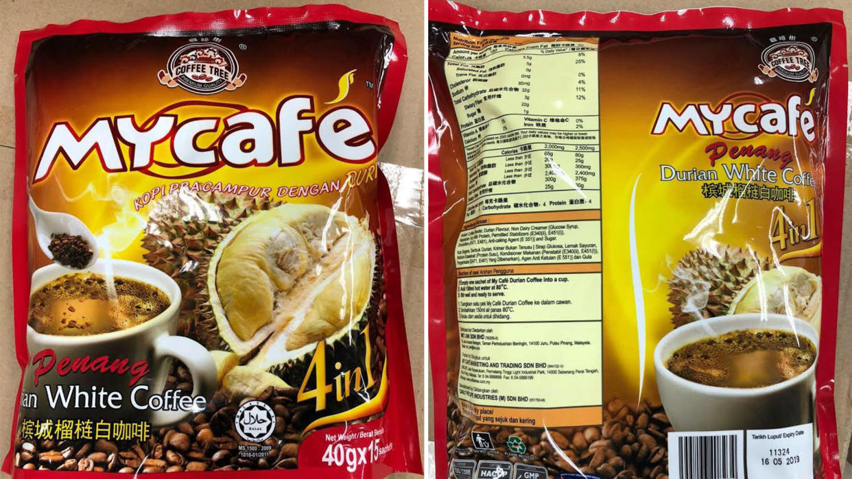 A recall has been issued in Singapore for Coffee Tree MyCafe’s “4-in-1 Penang Durian White Coffee” mix. (PHOTOS: Facebook / AVA )