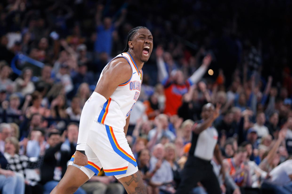 Oklahoma City Thunder fans are excited as they watch their team head toward NBA Playoffs. Here, Thunder forward Jalen Williams celebrates after a basket during an NBA basketball game in February.