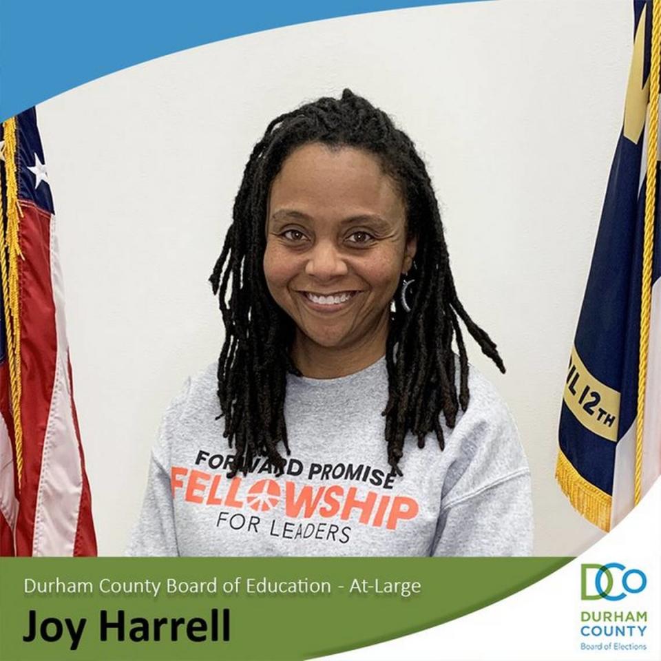 Joy Harrell was elected to an at-large seat on the Durham Public Schools Board of Education in 2024. Board of Elections