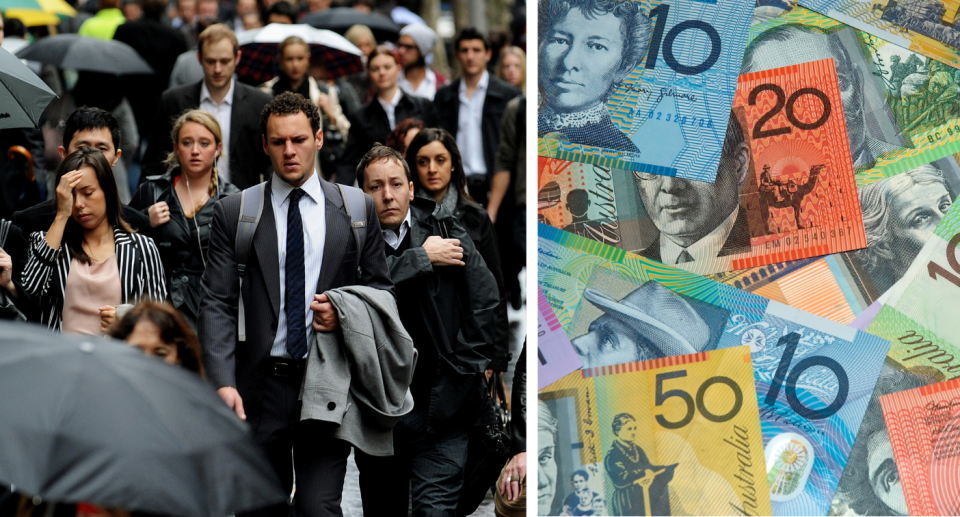 A composite image of a crowd of people walking and Australian money.