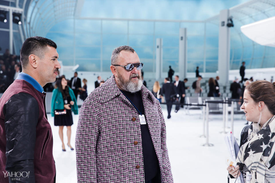 Michel Gaubert (with Ryan Aguilar) checking on last-minute details before show.