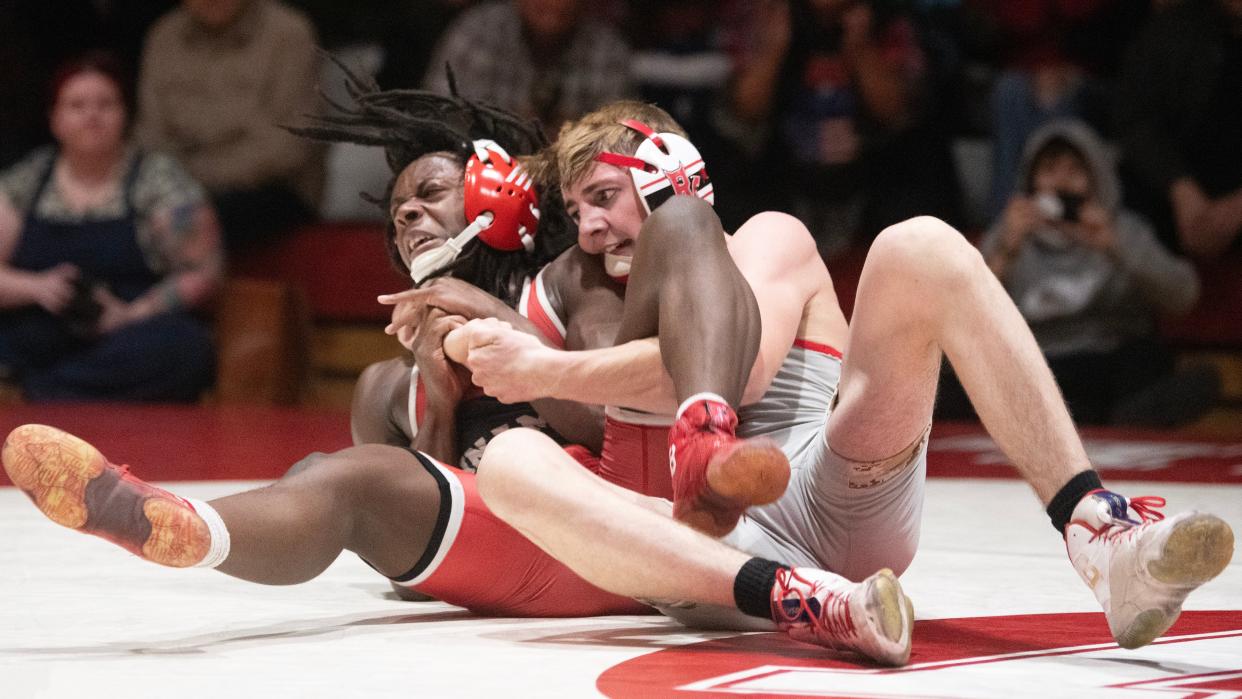 Rancocas Valley's Jimmy Lutes, right, controls Cinnaminson's Nasir Paige during the 138 lb bout of the 7th Annual Wrestling for Heroes Match held at Rancocas Valley High School on Wednesday, January 24, 2024. Lutes defeated Paige by pin.