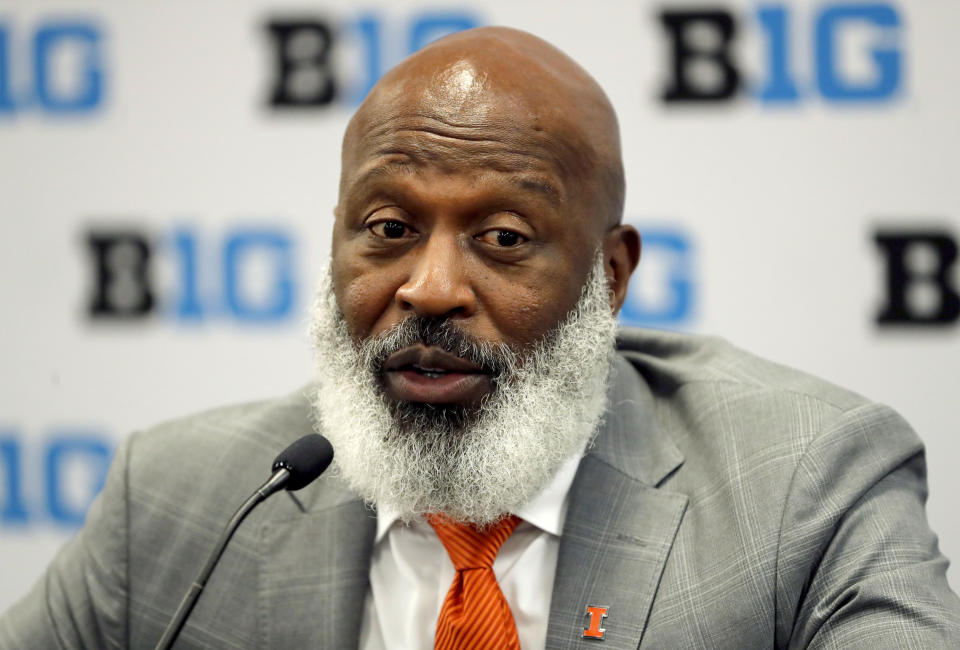 Illinois head coach Lovie Smith talks to reporters during the Big Ten Conference NCAA college football media days Thursday, July 18, 2019, in Chicago. (AP Photo/Charles Rex Arbogast)