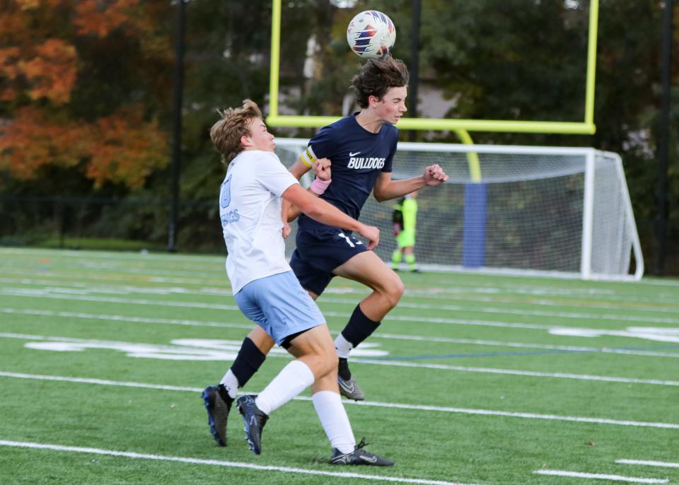 Rockland's Mikey McDougall heads the ball, defended by East Bridgewater's Jackson Rix during a game against East Bridgewater on Monday, Oct. 16, 2023.