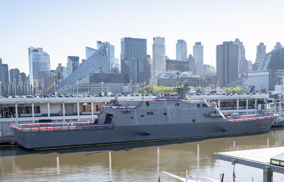 This photo provided by the U.S. Navy shows the Freedom-variant littoral combat ship USS Cooperstown (LCS 23) prior to the ship’s commissioning ceremony, Saturday, May 6, 2023, in New York. On Saturday, the U.S. Navy commissioned the USS Cooperstown in honor of 70 Major League Baseball Hall of Fame players who served in the military during wartime. (Petty Officer 1st Class Kevin C. Leitner/U.S. Navy via AP)