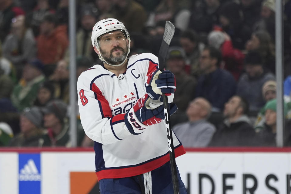 Washington Capitals left wing Alex Ovechkin (8) skates during the second period of an NHL hockey game against the Minnesota Wild, Tuesday, Jan. 23, 2024, in St. Paul, Minn. (AP Photo/Abbie Parr)