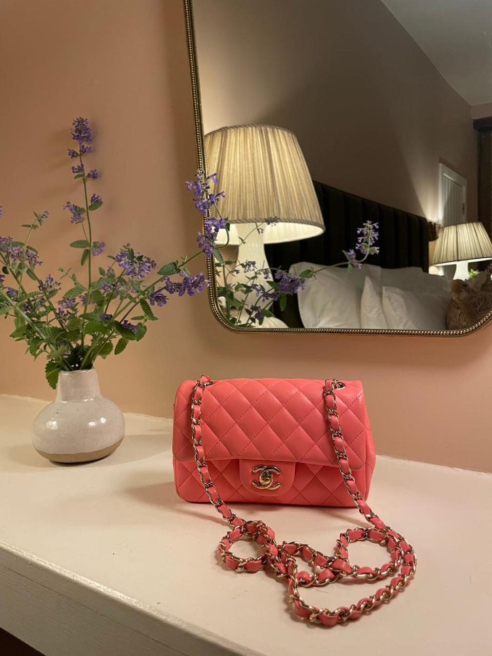 pink chanel quilted mini flag bag