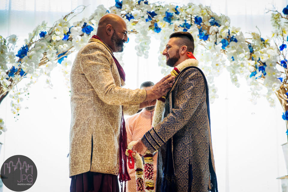 Image: Sunil Ayyagari, left, exchanges garlands with his husband, Stephen Shinsky, at their wedding in Philadelphia in 2019 (JPG Photo and Video)