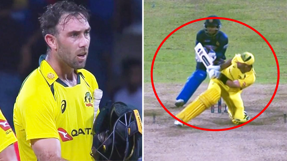 Glenn Maxwell (pictured left) celebrating after hitting (pictured right) a sensational 80 off 51 balls against Sri Lanka.