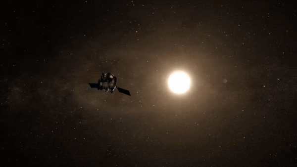     Eine Animation eines würfelförmigen Raumschiffs mit zwei rechteckigen, flügelförmigen Solarpaneelen, das vor der Sonne vorbeifliegt. 
