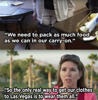 A woman wearing multiple clothes over each other to avoid checking luggage at the airport