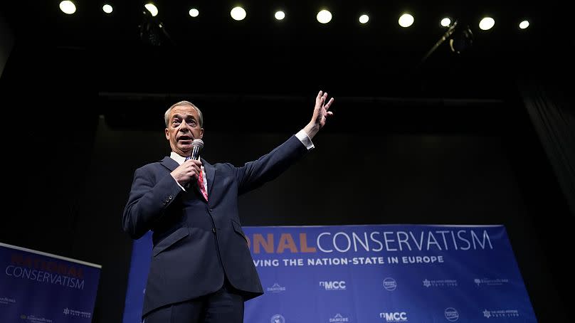 Former MEP and Honorary President of the Reform UK party Nigel Farage speaks during the National Conservatism conference in Brussels, Tuesday, April 16, 2024.