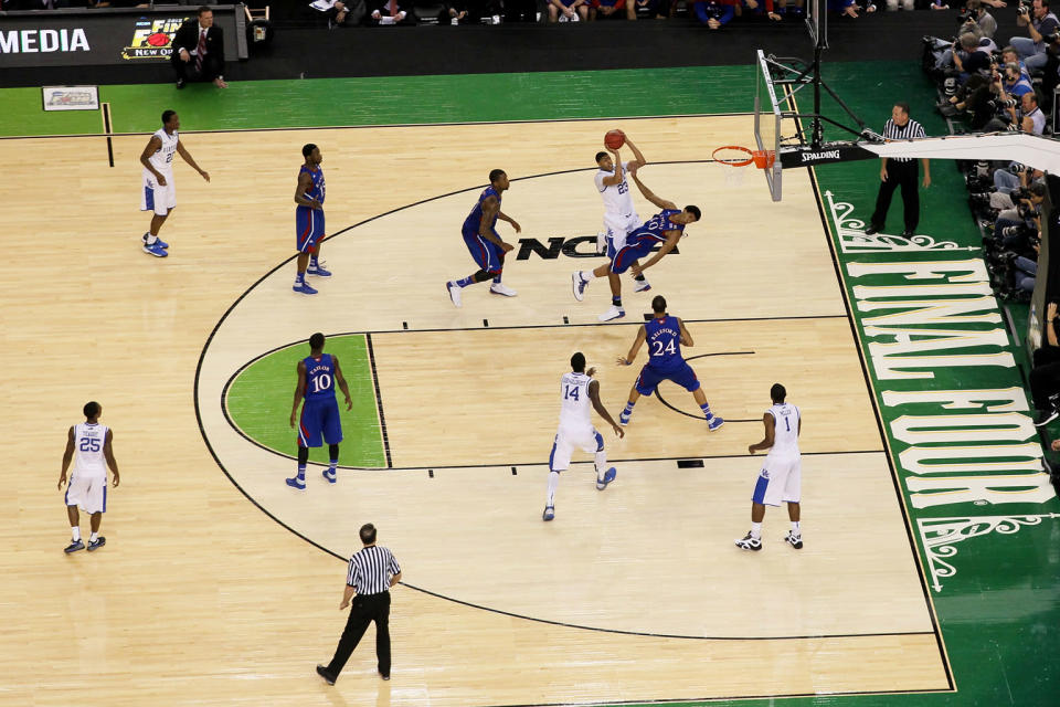 Anthony Davis #23 of the Kentucky Wildcats goes up for a shot against Kevin Young #40 of the Kansas Jayhawks in the first half in the National Championship Game of the 2012 NCAA Division I Men's Basketball Tournament at the Mercedes-Benz Superdome on April 2, 2012 in New Orleans, Louisiana. (Photo by Chris Graythen/Getty Images)